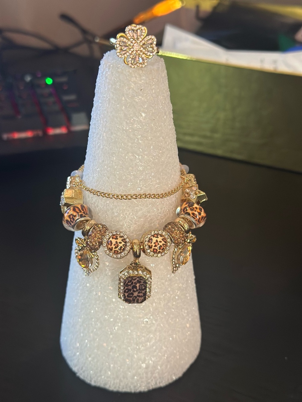Gold-Tone Leopard Charm Bracelet with flower ring- Women Jewelry